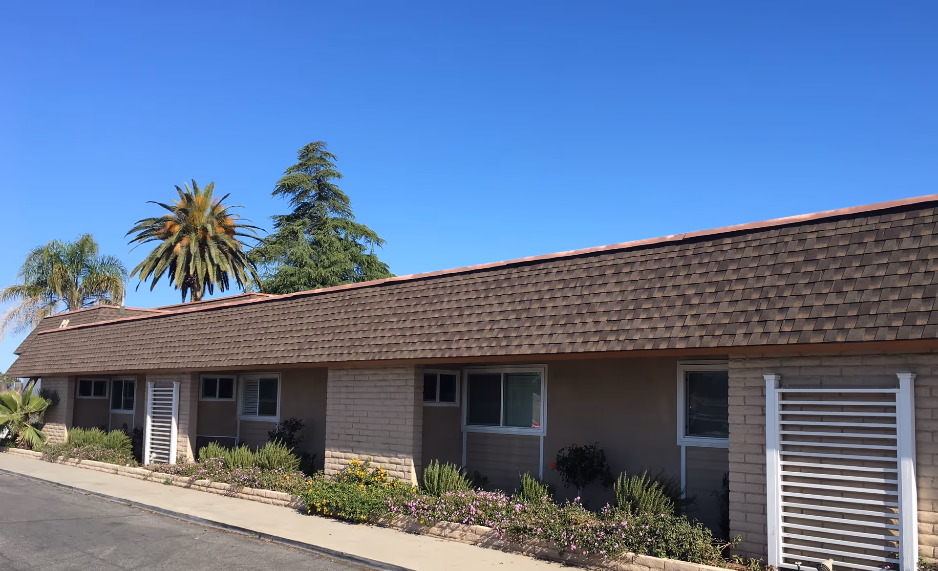 Exterior view of a single-story building with a brown shingled roof and beige walls, surrounded by various green plants and flowers along the sidewalk. Tall palm trees and other trees are visible in the background under a clear blue sky.