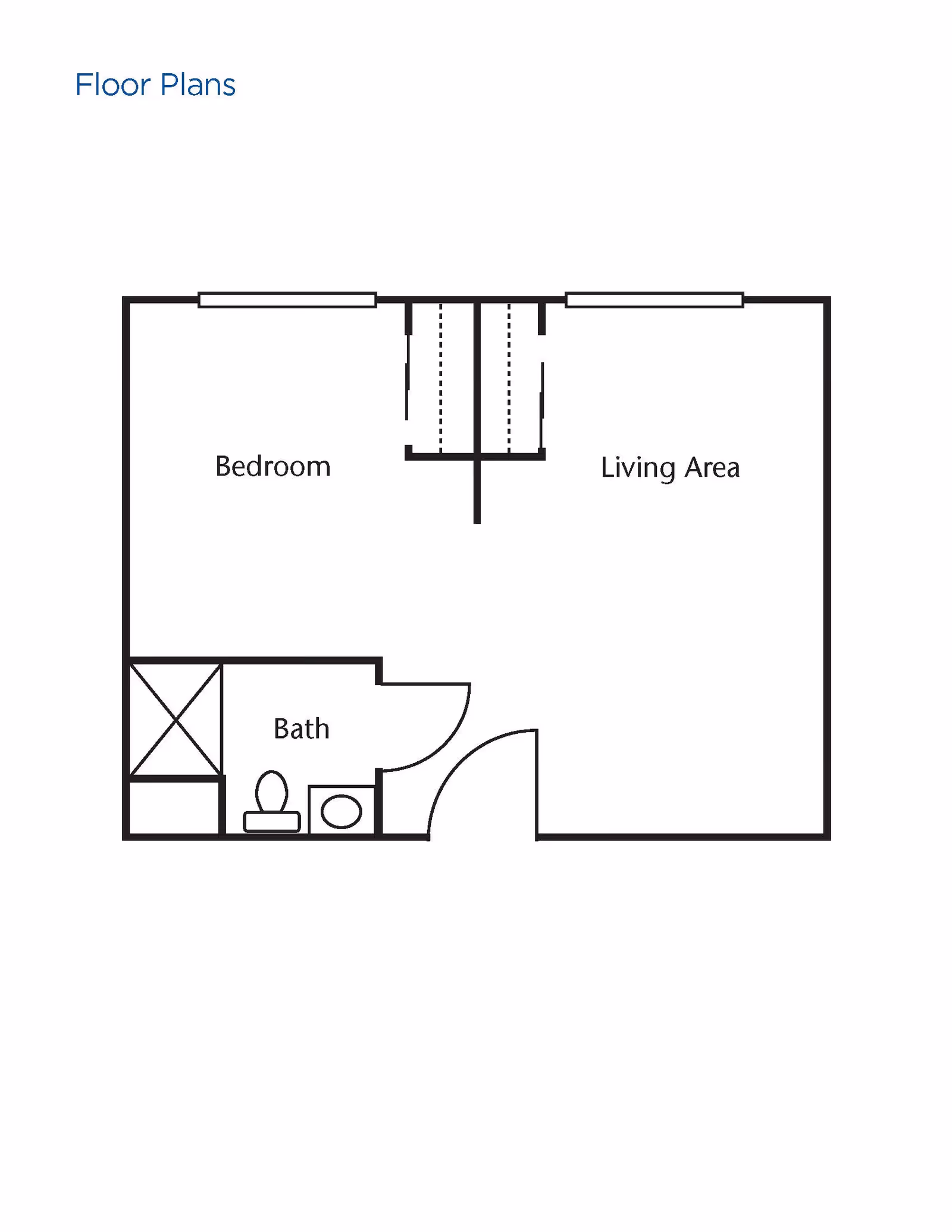 Simple black and white floor plan showing a layout with a bedroom, living area, and a bathroom. The bathroom includes a shower, toilet, and sink. There are closets between the bedroom and living area.