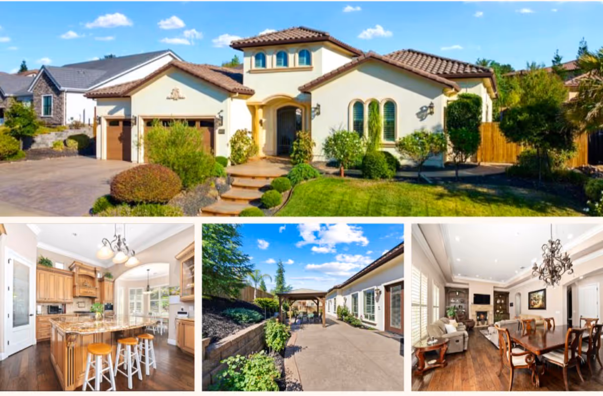 A collage of four images showing a senior living facility named Amethyst Grove of Rocklin. The top image shows the front exterior of a single-story building with a tiled roof, arched windows, and a well-maintained lawn and garden. The bottom left image shows a kitchen with wooden cabinets, a granite island with three stools, and pendant lighting. The bottom middle image shows an outdoor patio area with a pergola, seating, and landscaped garden beds. The bottom right image shows a living and dining area with a chandelier, wooden dining table and chairs, a fireplace, and comfortable seating.