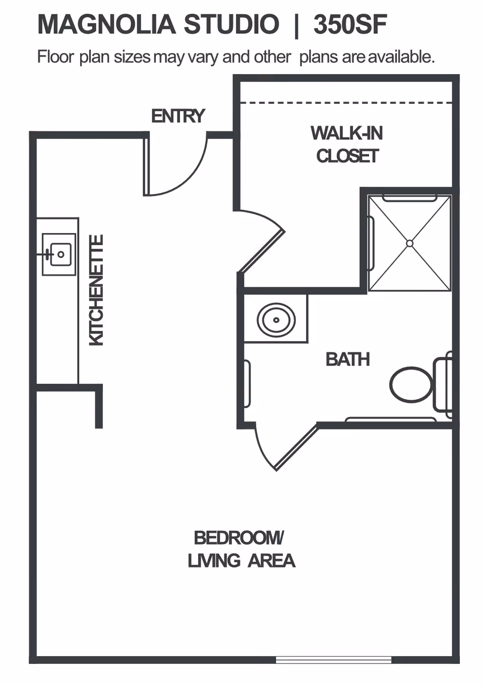 Floor plan of Magnolia Studio with 350 square feet, showing an entry leading to a kitchenette on the left, a combined bedroom and living area, a walk-in closet, and a bathroom with a shower, sink, and toilet.