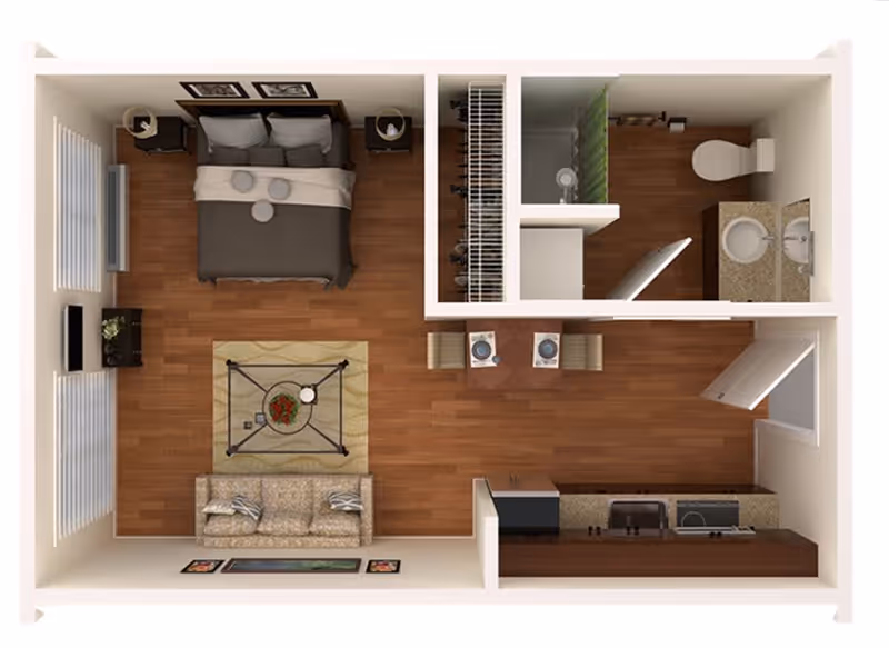 Top-down view of a studio apartment floor plan featuring a bedroom area with a bed and nightstands, a living area with a sofa and coffee table, a small dining table with two chairs, a kitchen with appliances and countertops, a closet, and a bathroom with a shower, toilet, and sink.