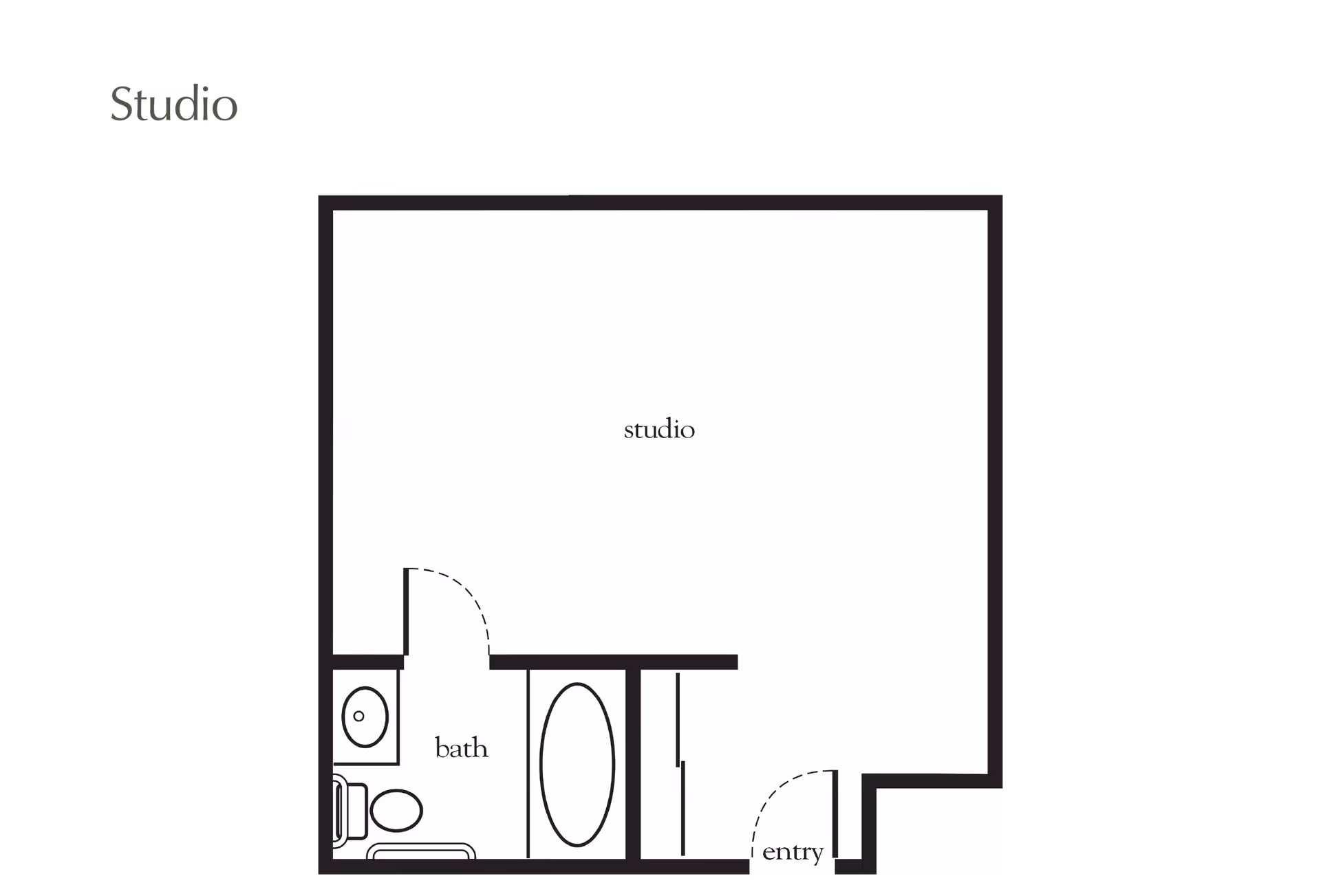 Floor plan layout of a studio apartment with an entry area, a main studio living space, and a bathroom that includes a sink, toilet, and bathtub.