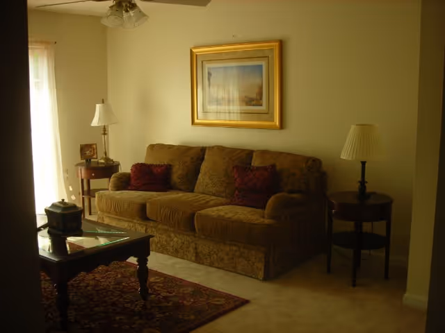 A living room with a patterned brown sofa adorned with two red pillows, a framed picture hanging on the wall above the sofa, two side tables each with a lamp, a glass-top coffee table, and a patterned rug on the carpeted floor. Light filters in from a window with sheer curtains on the left side.