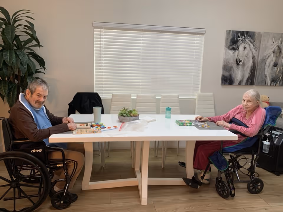 Two elderly individuals in wheelchairs sitting at a white table in a well-lit room with a large window covered by blinds. They appear to be engaged in activities with puzzle pieces and games on the table. The room has light-colored walls, wooden flooring, a large green plant on the left, and two paintings of horses on the right wall.