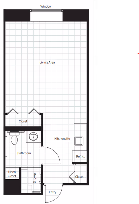 Architectural floor plan of a senior living unit at Belmont Village Senior Living San Jose, showing an entry leading to a kitchenette with a refrigerator and closet, a living area with a window, a bathroom with a toilet, sink, shower, and linen closet, and two additional closets.