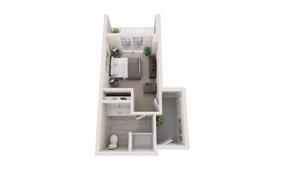 3D floor plan of a small apartment unit featuring a bedroom with a bed, nightstands, a chair, and a TV. Adjacent to the bedroom is a bathroom with a toilet, sink, and shower. There is also a small entryway area with plants and framed pictures on the walls.