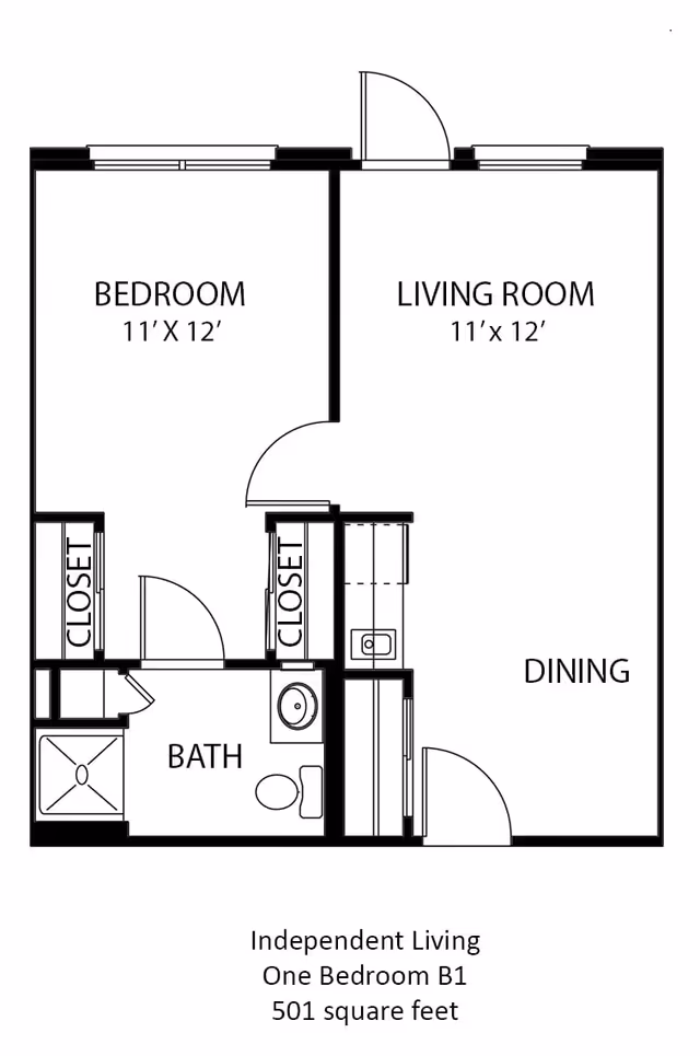 Floor plan of an independent living one-bedroom apartment labeled B1 with 501 square feet. The layout includes a bedroom measuring 11 feet by 12 feet, a living room of the same size, a dining area, a bathroom with a shower, toilet, and sink, and two closets.