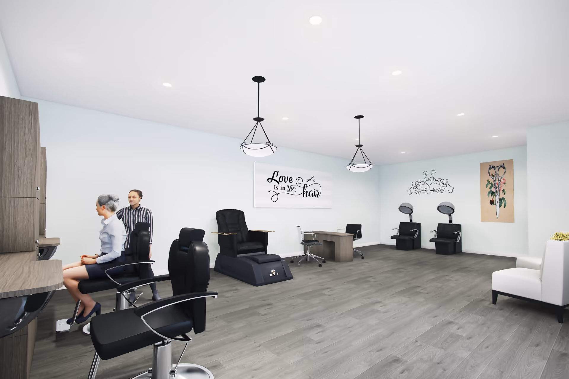 A modern hair salon inside a senior living facility with black salon chairs, a pedicure chair, and hair drying stations. A stylist is attending to an elderly woman seated in one of the chairs. The walls are light blue with decorative artwork and a sign that reads 'Love is in the hair'. The floor is gray wood, and the room is well-lit with ceiling lights and hanging lamps.