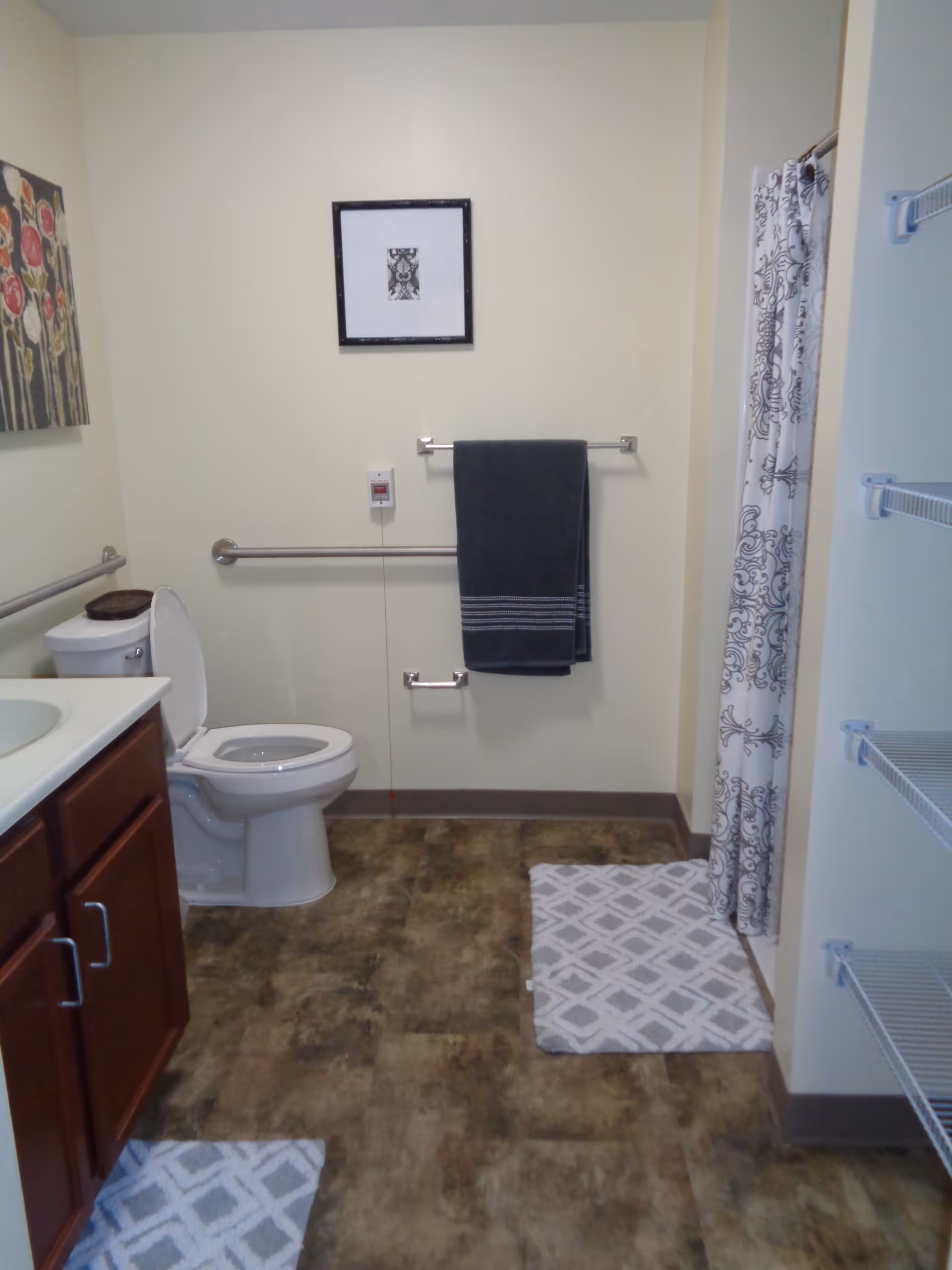 A bathroom with a toilet, a sink with wooden cabinets, a towel rack holding a dark towel, a shower with a patterned curtain, two patterned floor mats, and wall art. There are also safety grab bars installed near the toilet and a pull cord emergency alarm on the wall.