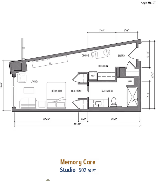Architectural floor plan of a 502 square feet studio apartment designed for memory care, showing layout with furniture including a bed, sofa, chairs, and tables.
