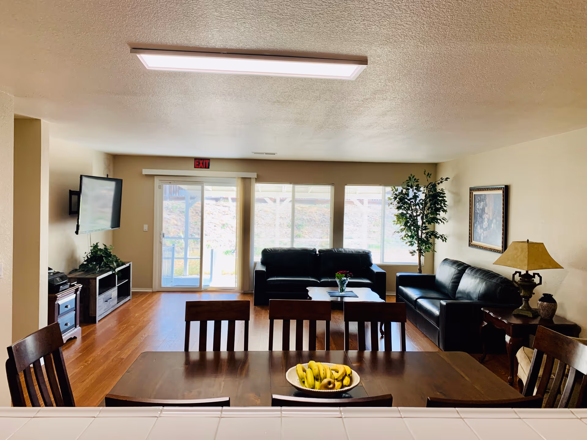 A bright living room with wooden flooring featuring two black leather sofas, a coffee table with a vase of flowers, a side table with a lamp, a large potted plant, and a wall-mounted flat-screen TV. In the foreground, there is a wooden dining table with chairs and a bowl of bananas. Large windows and a glass sliding door allow natural light to fill the room.
