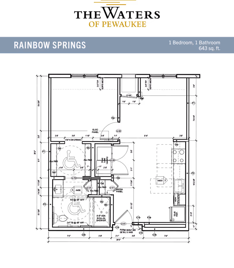 Architectural floor plan for a 1 bedroom, 1 bathroom apartment named Rainbow Springs at The Waters of Pewaukee, showing room dimensions and layout in white lines and text on a black background.