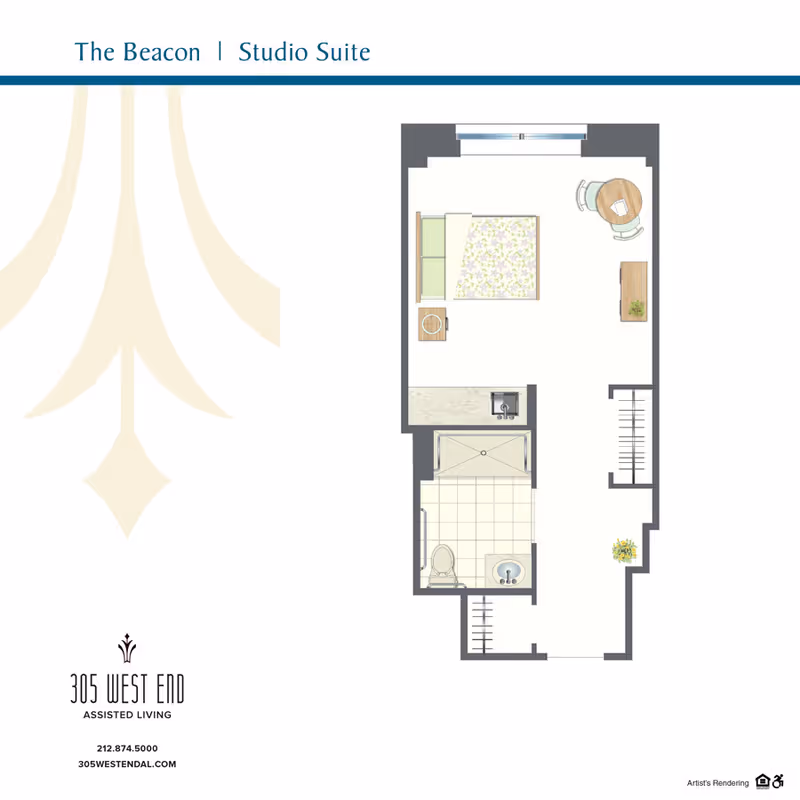 Floor plan of The Beacon Studio Suite at 305 West End Assisted Living, showing a studio layout with a bed, small dining table with two chairs, a bathroom with toilet and sink, and a kitchenette area.