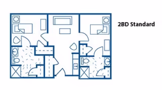 Architectural floor plan of a 2-bedroom standard apartment unit showing two bedrooms, two bathrooms, a living area, and a kitchen.