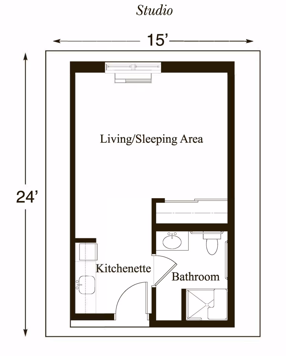 Floor plan of a studio apartment at Heritage Woods of Moline showing a living/sleeping area, kitchenette, and bathroom. The layout measures 15 feet by 24 feet.