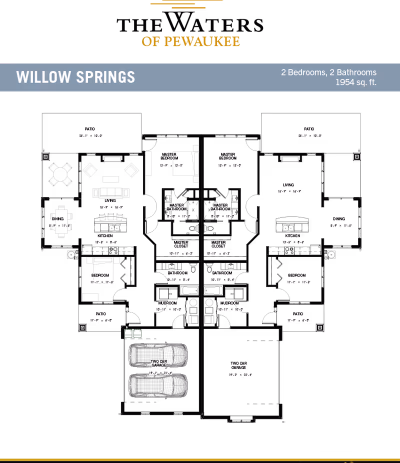 Floor plan layout for Willow Springs at The Waters of Pewaukee showing two bedrooms, two bathrooms, living areas, kitchens, dining areas, patios, mudrooms, master closets, and two-car garages with dimensions.