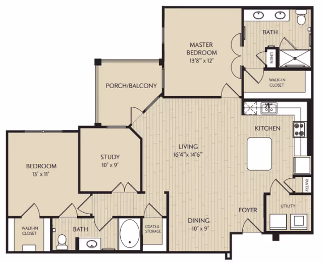 Floor plan of a residential unit featuring a master bedroom with attached bath and walk-in closet, a second bedroom with walk-in closet, a study, a porch/balcony, a living area, a dining area, a kitchen with pantry and utility room, two bathrooms, and a foyer with coats and storage closet.