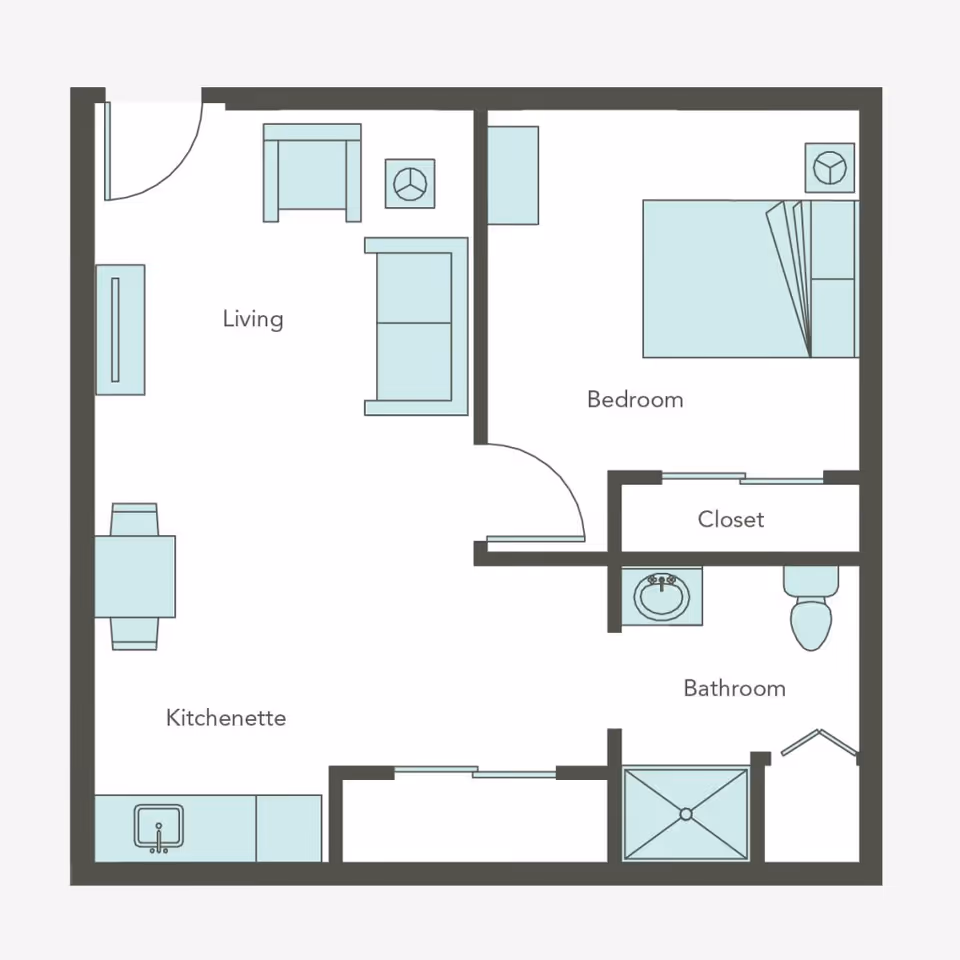 Floor plan of a senior living unit at Aegis Living Marymoor showing a living area with seating, a kitchenette with a dining table, a bedroom with a bed and closet, and a bathroom with a sink, toilet, and shower.