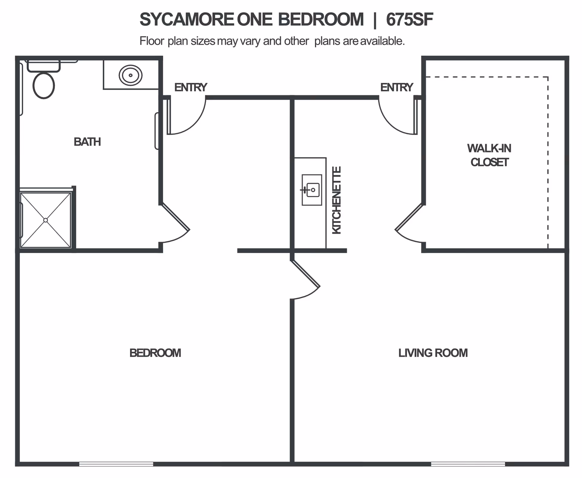 Floor plan layout of Sycamore one bedroom apartment with 675 square feet, showing entry points, bath, bedroom, kitchenette, living room, and walk-in closet.