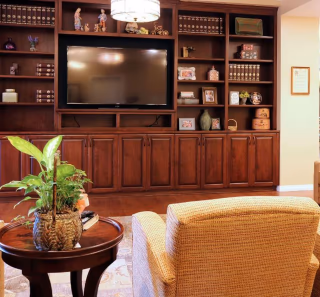 Cozy living room area with a large wooden built-in bookshelf and cabinet unit housing a flat-screen TV. The shelves are decorated with books, framed photos, and decorative items. In the foreground, there is a cushioned armchair and a round wooden side table with a potted plant and some books. The room has warm lighting and a comfortable atmosphere.