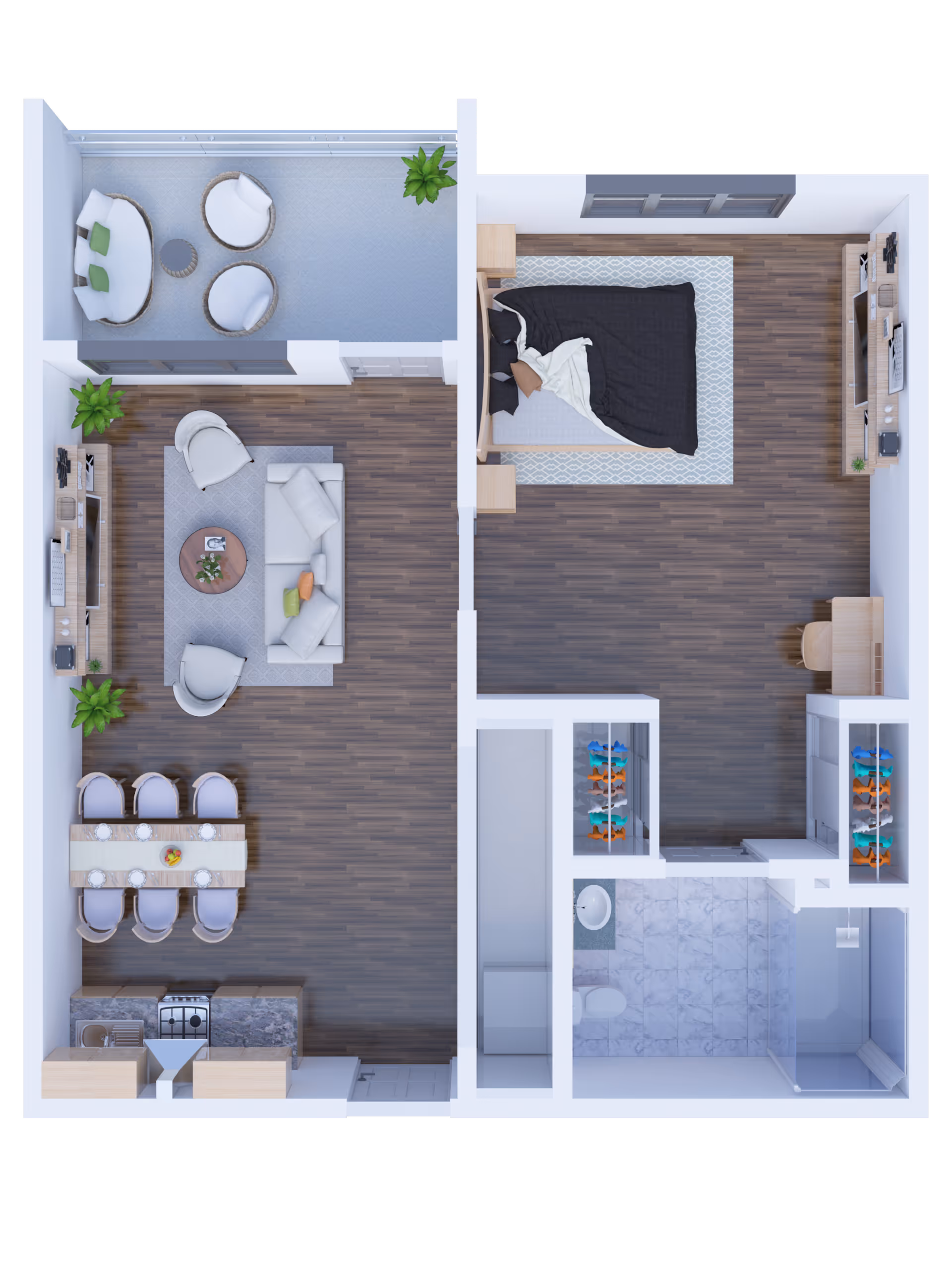 Top-down view of a senior living apartment floor plan featuring a bedroom with a bed, nightstands, desk, and TV stand; a living room with a sofa, two chairs, coffee table, and TV; a dining area with a table and six chairs; a kitchen with a sink, stove, and cabinets; a bathroom with a toilet, sink, and shower; and a balcony with outdoor seating and plants.