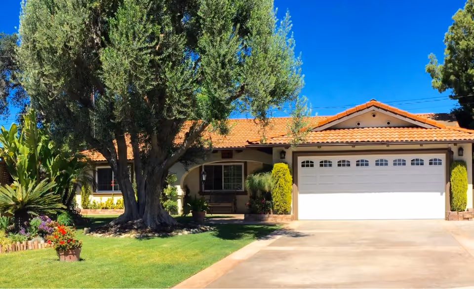 Front exterior view of a single-story house with a tiled roof, a large tree in the front yard, well-maintained green lawn, various plants and flowers, and a double garage door under a clear blue sky.
