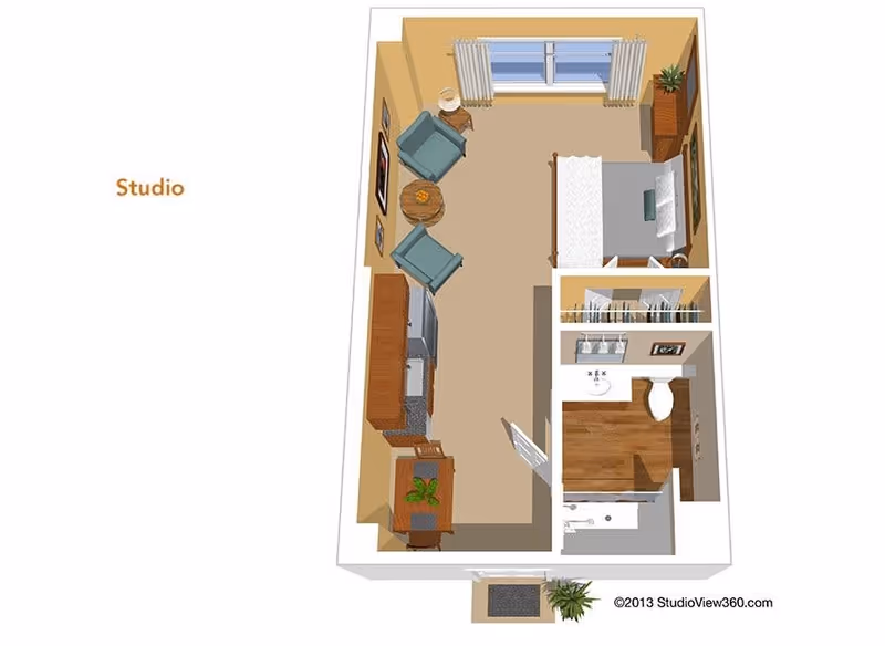 3D floor plan of a studio apartment featuring a combined living and sleeping area with a bed, two armchairs, a round table, a dresser, and a window with curtains. The kitchen area includes cabinets, a refrigerator, and a sink. There is a separate bathroom with a sink, toilet, and shower. A small entryway with a plant is also visible.