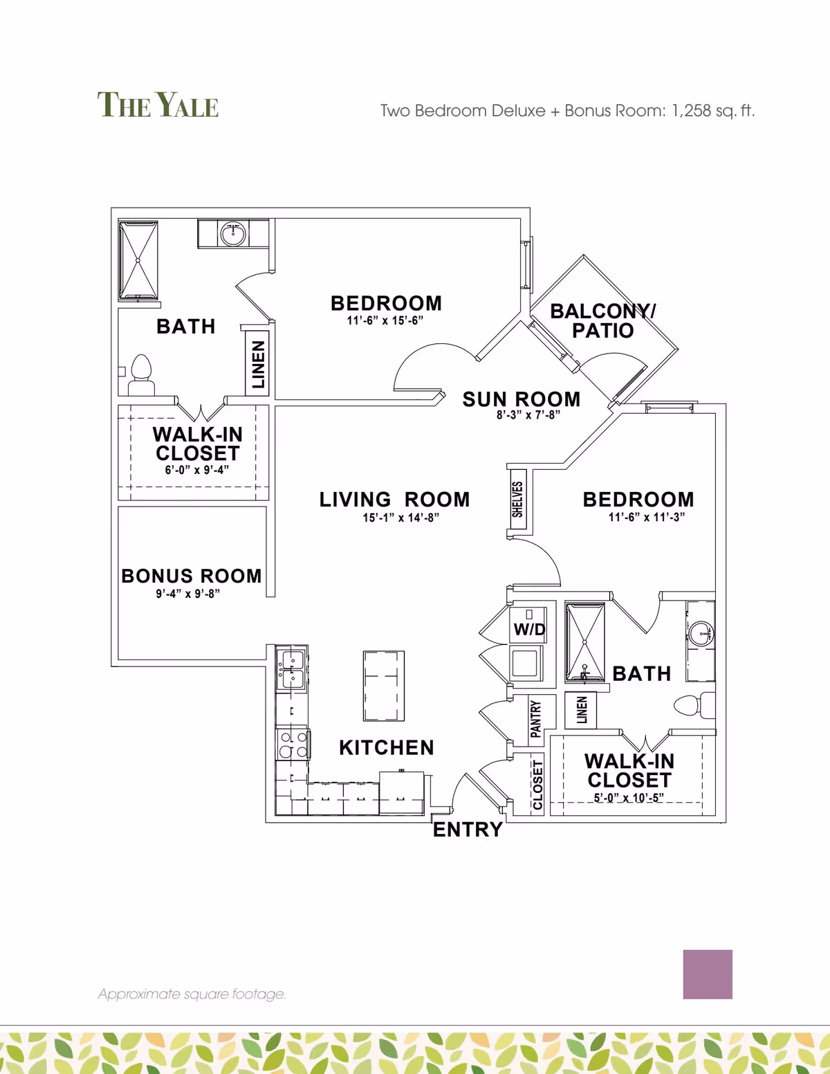 Floor plan of The Yale, a two-bedroom deluxe apartment with a bonus room totaling 1,258 square feet. The layout includes two bedrooms, two bathrooms, two walk-in closets, a bonus room, a living room, a kitchen with an island, a sun room, a balcony/patio, and an entry area with pantry, closet, washer/dryer, and linen storage.