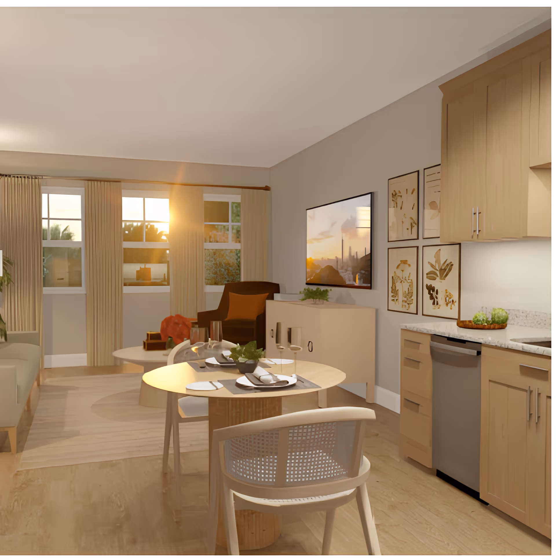 A cozy interior living space with a small round dining table set for two, a beige armchair, a sofa, a sideboard with a plant, and a wall-mounted TV displaying a sunset scene. The room features light wood cabinetry, a dishwasher, and large windows with beige curtains letting in warm sunlight.