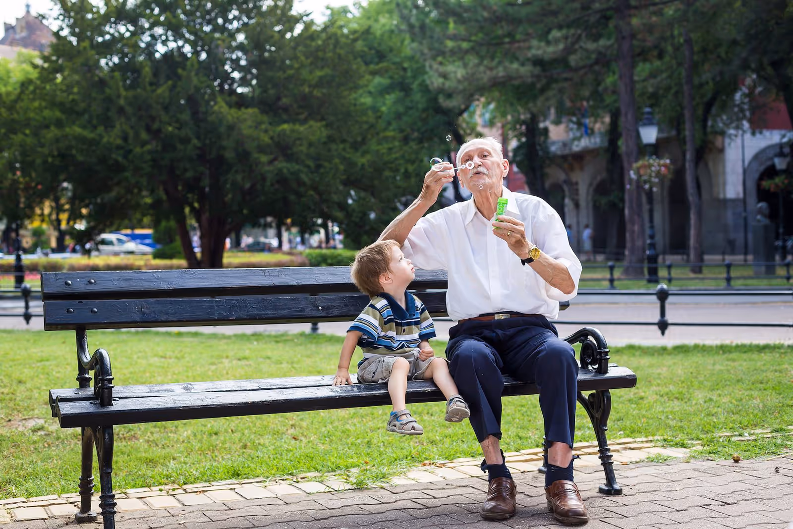 An elderly man and a young boy sitting on a black park bench in a green outdoor area. The elderly man is blowing soap bubbles while the boy watches him with interest. Trees and buildings are visible in the background.