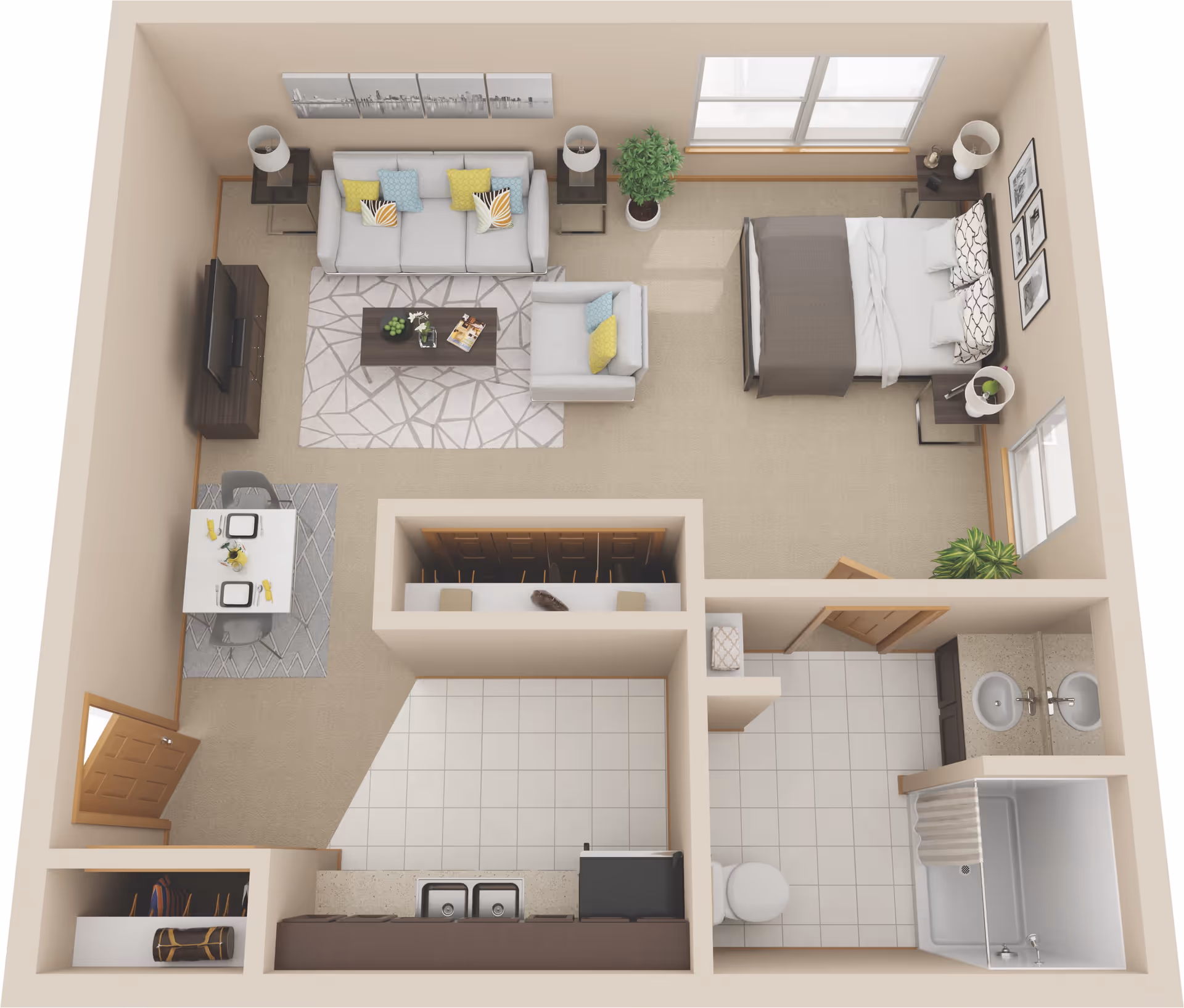 3D floor plan of a senior living apartment at Garden View Place showing a combined living and bedroom area with a sofa, armchair, coffee table, bed, and side tables. The apartment includes a small dining area with a table and two chairs, a kitchen with a sink and refrigerator, a bathroom with a toilet, double sink, and shower, and closets for storage.