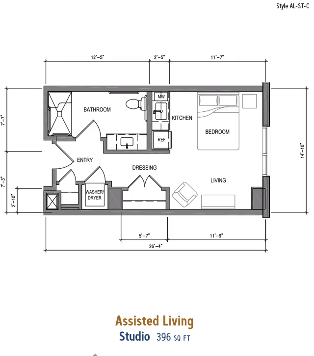 Architectural floor plan of a studio assisted living apartment at MorningStar Senior Living at River Oaks, showing a layout with a bedroom area, bathroom, and living space with furniture placement.