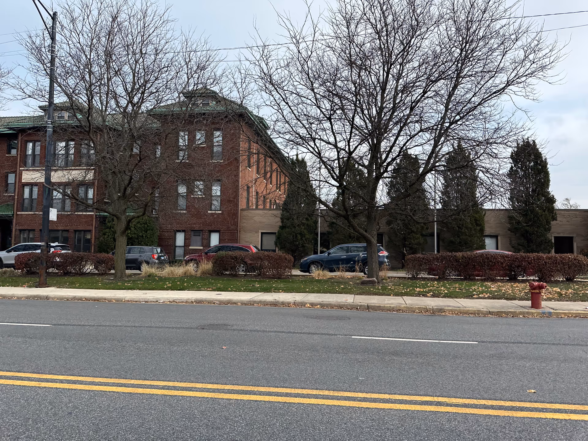 Street view of a multi-story brick building with several windows, leafless trees, parked cars, and a fire hydrant on the grassy area beside the sidewalk under an overcast sky.