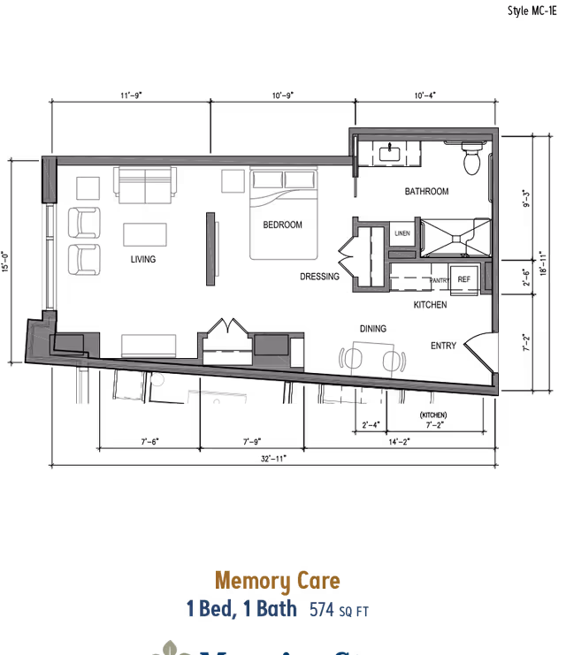 Architectural floor plan of a memory care unit with one bedroom and one bathroom, including living area, kitchen, and dining space, covering 574 square feet.