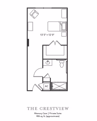 Floor plan of The Crestview private suite memory care unit at The Village at The Triangle, approximately 406 square feet. The layout includes a living area with a chair and table, a bed, a closet, a bathroom with a sink, toilet, and shower, and an AC unit near the entrance.