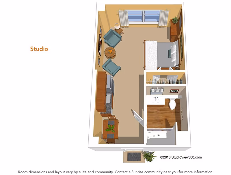 3D floor plan of a studio apartment showing a combined living and sleeping area with a bed, two armchairs, a round table, a dresser, a kitchenette with appliances, a desk with a chair, and a bathroom with a sink, toilet, and shower.