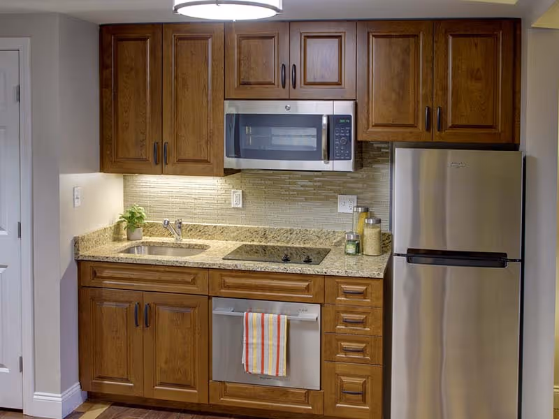 Compact kitchen area with wooden cabinets, a granite countertop, a stainless steel sink, a built-in microwave, an electric cooktop, a dishwasher with a striped towel hanging on the handle, and a stainless steel refrigerator. There are small containers and a plant on the countertop.
