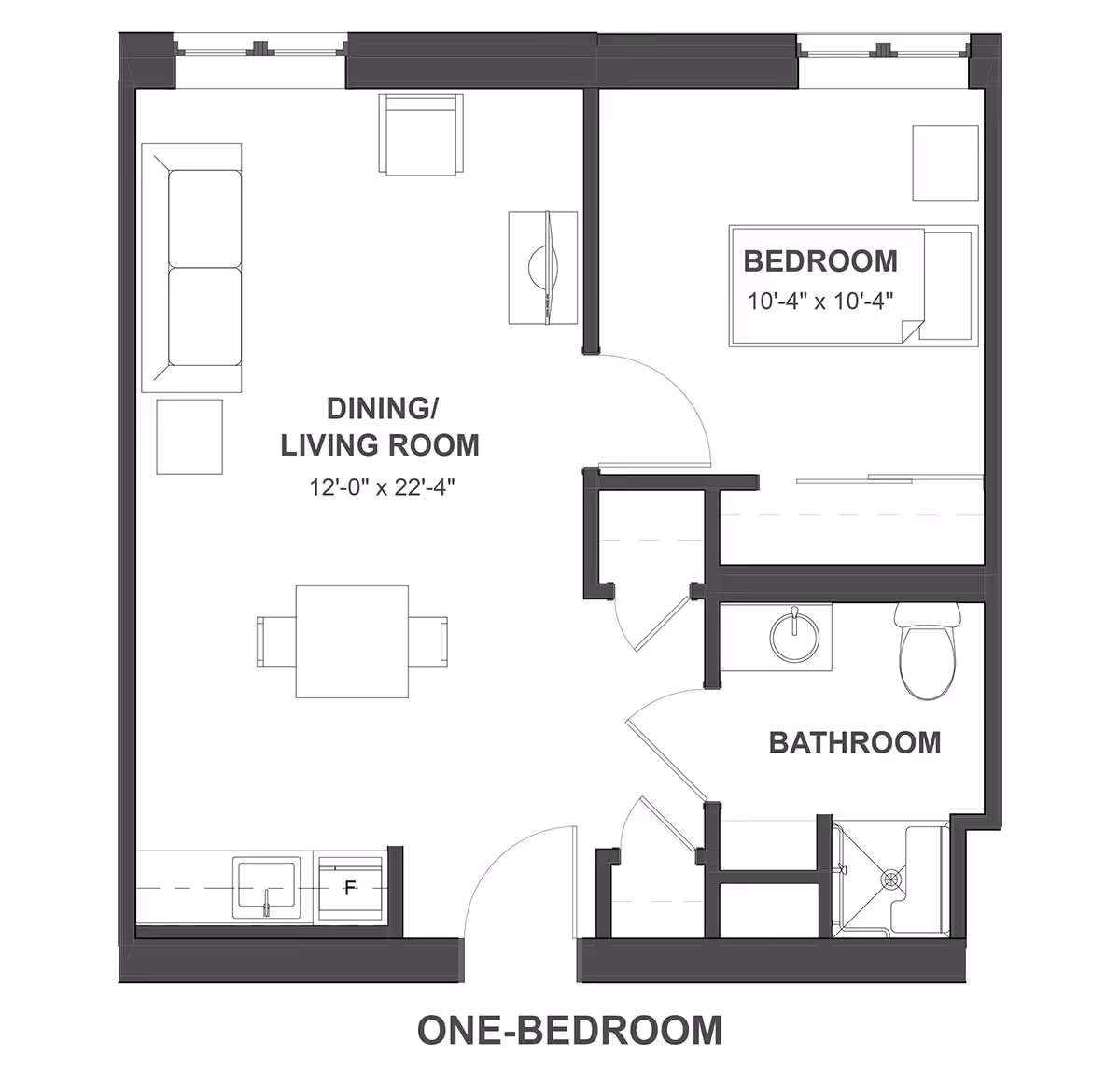 Architectural floor plan of a one-bedroom apartment at Montclare Supportive Living Community, showing a dining/living room area, a bedroom, and a bathroom with labeled dimensions.