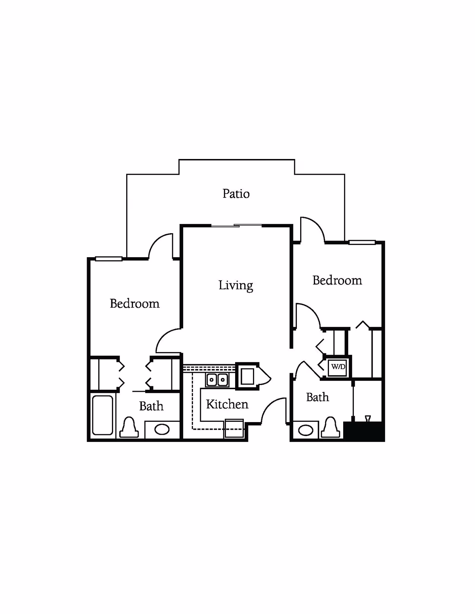 Floor plan of a two-bedroom apartment with two bathrooms, a kitchen, a living room, and a patio. The layout shows the placement of rooms and fixtures including sinks, toilets, and a washer/dryer area.