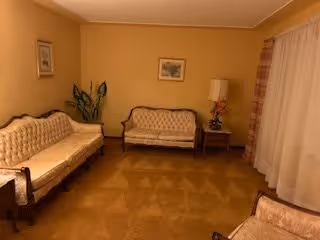A cozy living room with beige walls and carpet, featuring two vintage-style tufted sofas, a wooden side table with a lamp and floral arrangement, a potted plant in the corner, framed artwork on the walls, and sheer curtains covering a window.