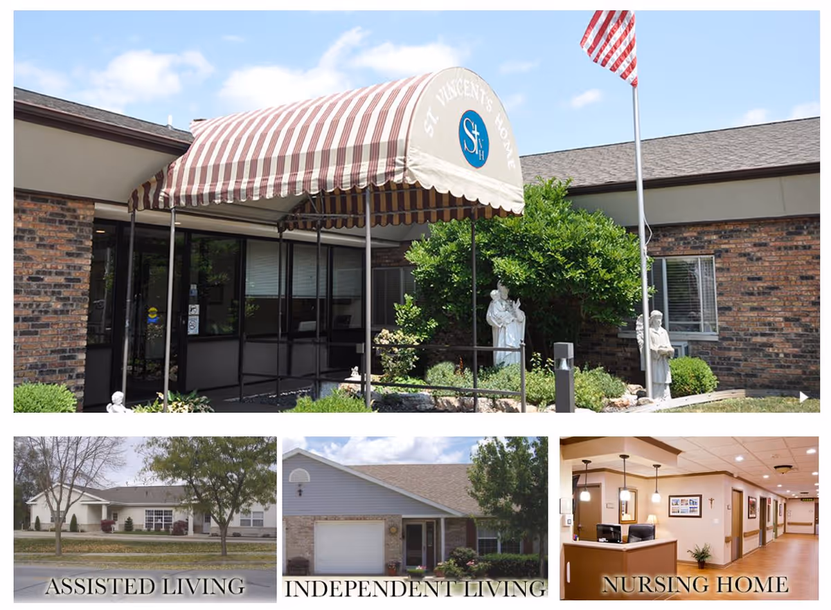 Top image shows the entrance of St. Vincent's Home with a striped awning, statues, and an American flag. Below are three smaller images showing buildings labeled Assisted Living, Independent Living, and Nursing Home respectively.