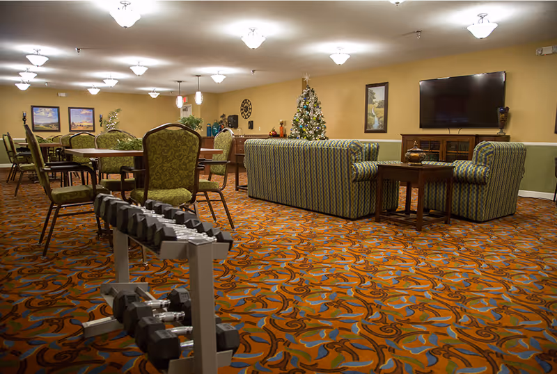 A senior living facility common area with patterned carpet, several green upholstered chairs around tables, a striped couch and armchair set facing a large flat-screen TV mounted on the wall. A decorated Christmas tree is visible near the back wall, along with framed artwork and a rack of dumbbells in the foreground.