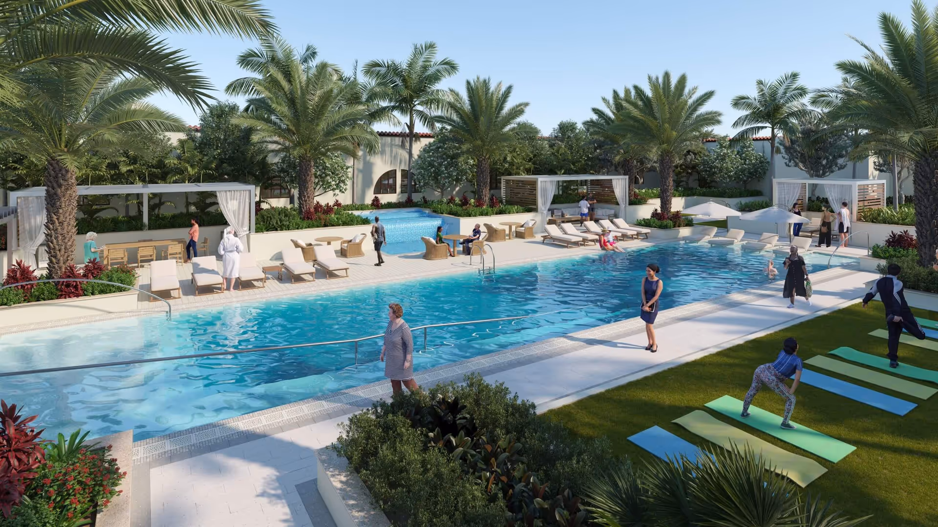 Outdoor pool area at a senior living facility with palm trees, lounge chairs, cabanas, and people engaging in various activities including swimming, walking, and exercising on yoga mats on the grass.