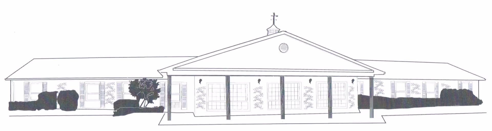 Architectural line drawing of a single-story building with a gabled roof, front porch supported by four columns, multiple windows with shutters, and landscaping including bushes and a tree.