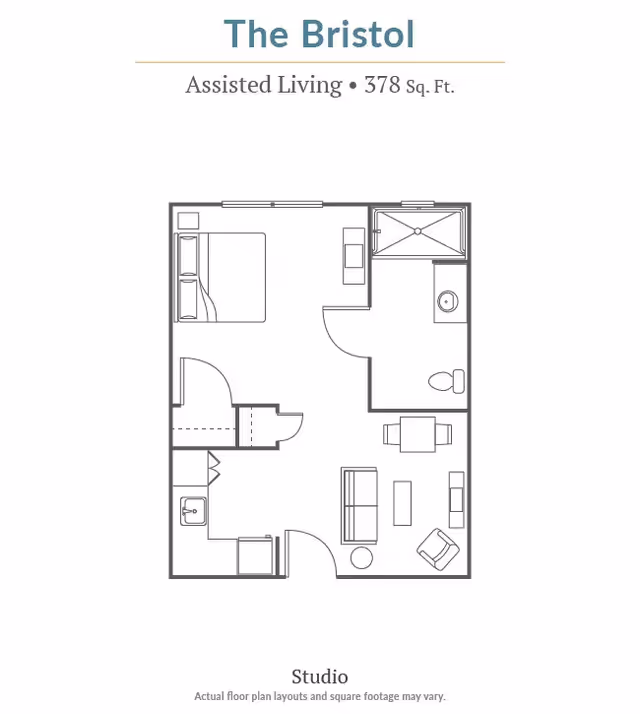 Floor plan layout of The Bristol studio assisted living unit at Carriage Inn Katy, showing a 378 square feet space with a combined living and sleeping area, a kitchen area, a bathroom with shower, toilet, and sink, and furniture placement including a bed, sofa, chair, table, and kitchen appliances.
