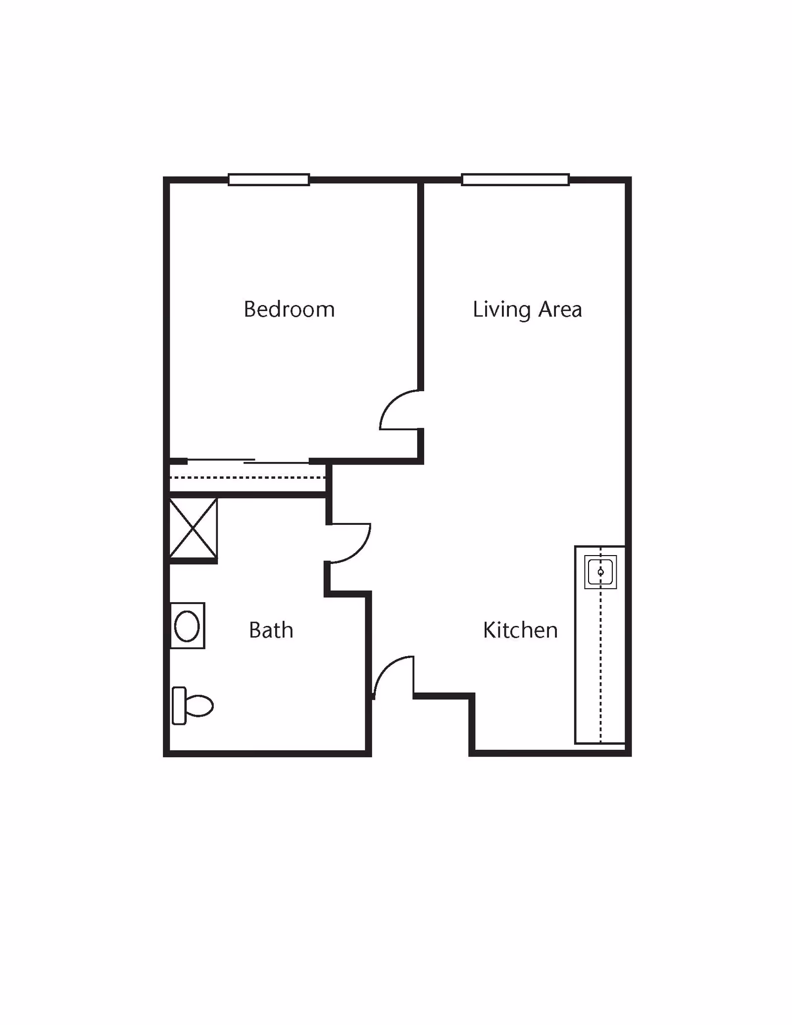 Floor plan layout showing a one-bedroom apartment with a bedroom, living area, kitchen, and bathroom. The bedroom and living area are adjacent, with the kitchen located next to the living area. The bathroom is accessible from a small hallway near the bedroom.