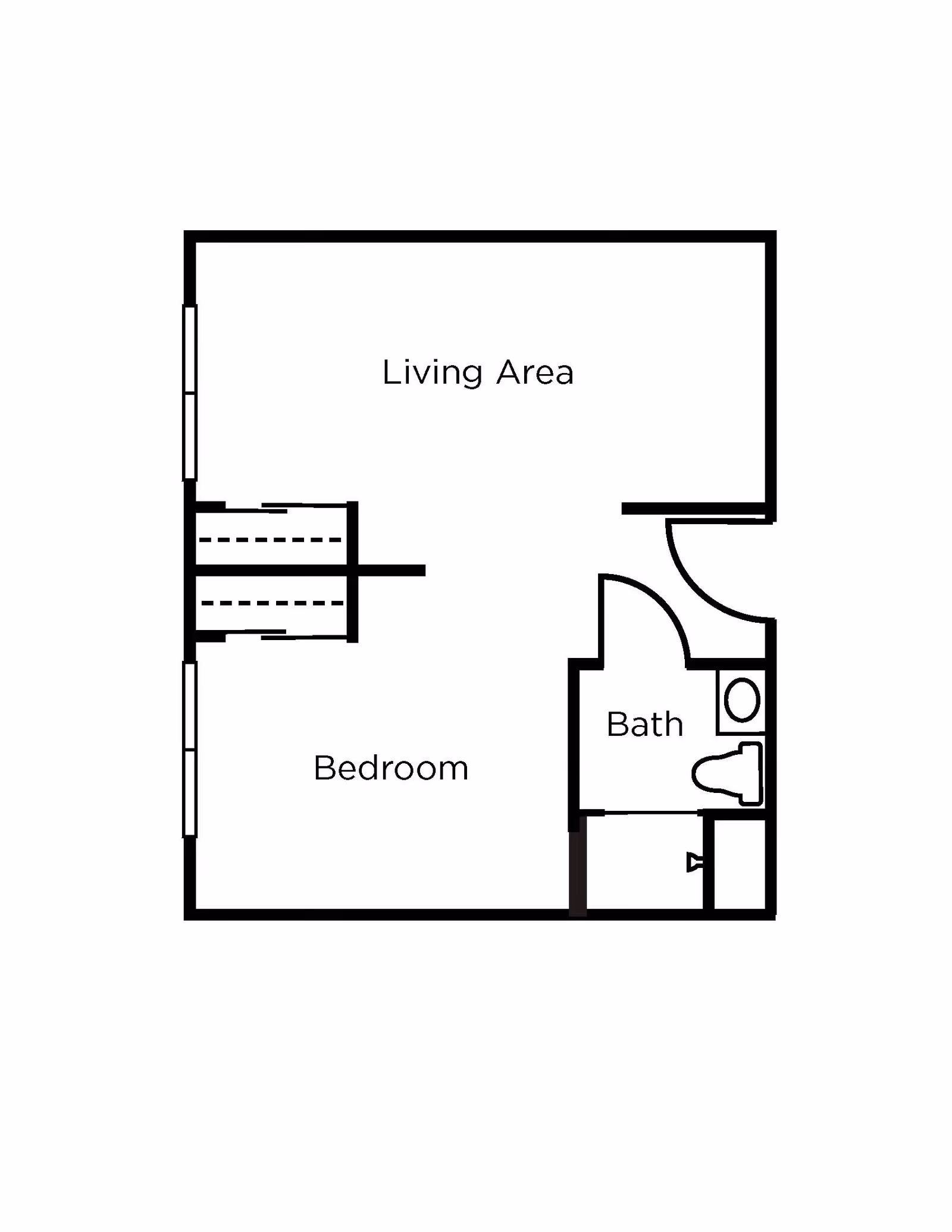 Floor plan showing a layout with a living area, bedroom, and a bathroom. The living area is adjacent to the bedroom, which has a closet space. The bathroom includes a toilet and a sink.