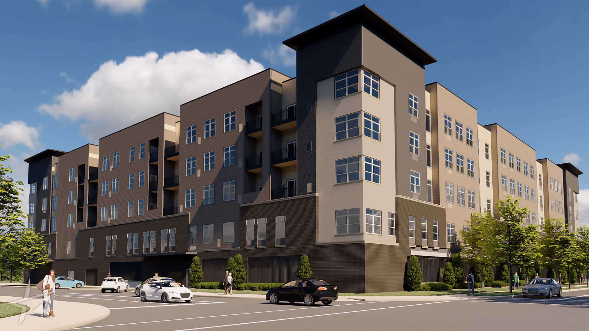 Exterior view of a modern multi-story senior living facility named Harrison on 5th by Senior Star, with several cars parked and people walking on the sidewalks under a partly cloudy sky.