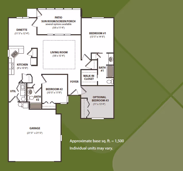 Floor plan of a residential unit showing a garage, two bedrooms, an optional third bedroom, two bathrooms, a kitchen, dinette, living room, patio sun room/screen porch, utility room, foyer, and walk-in closet. Approximate base square footage is 1,500.