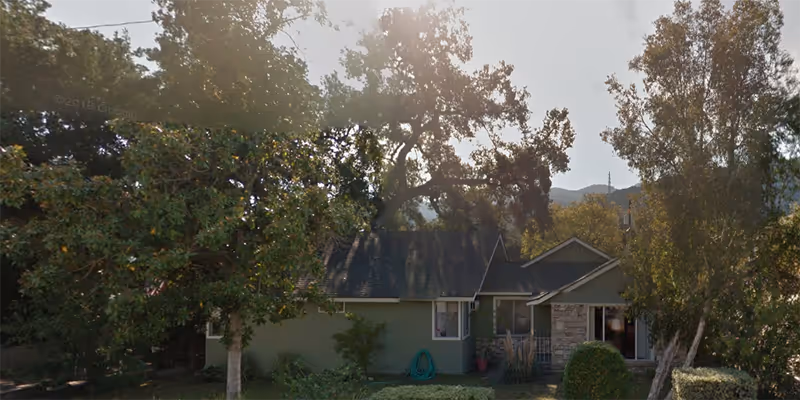 Exterior view of a single-story residential building partially obscured by trees and bushes with sunlight filtering through the foliage.